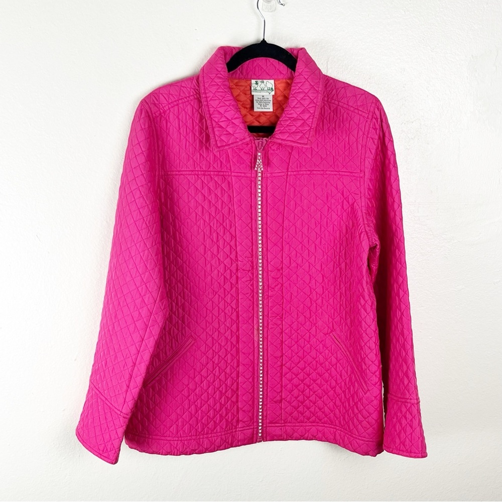 QUACKER FACTORY 100% Silk Pink Orange Rhinestone Zipper Quilted Jacket Medium